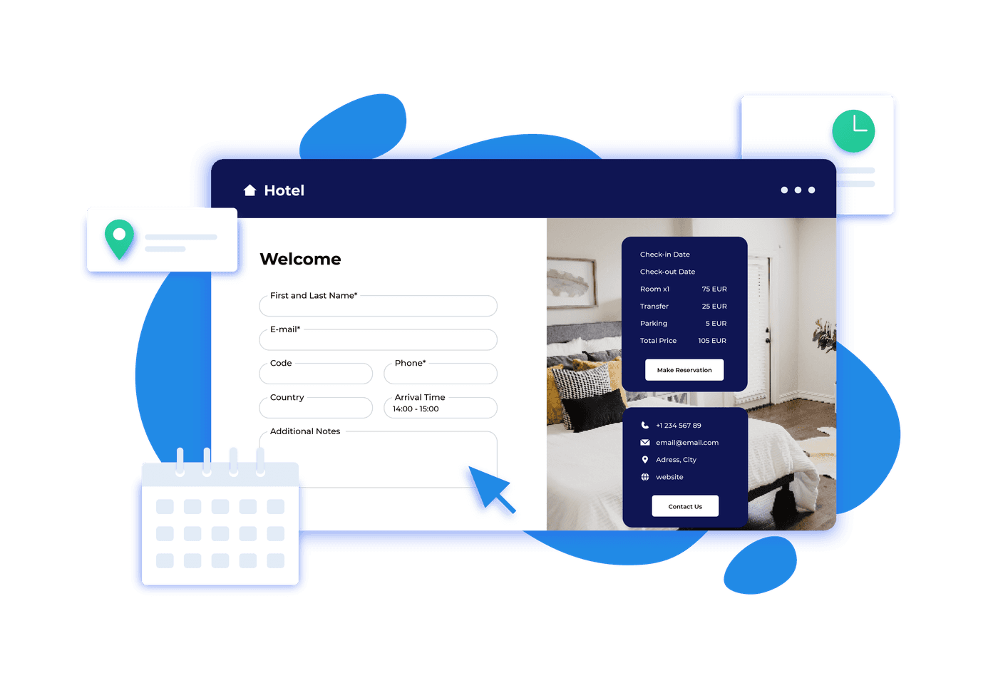 Hotel booking form with calendar and icons.