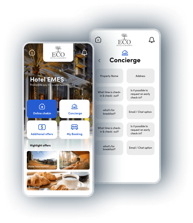 First screen: Book, check-in, use concierge services.  
Second screen: Check breakfast times and details.