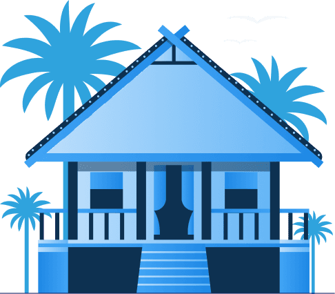 Blue house, steep roof, palm trees, birds.