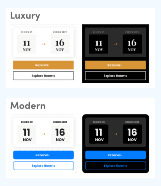 Luxury: Gold/Black theme; Nov 11-16 stay.  
Modern: Blue/White theme; Seamless booking options.